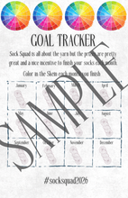 Load image into Gallery viewer, Goal tracker for sock squad with color swatches and text on a white background
