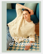 Woman wearing a white sweater with '52 Weeks of Sweaters' text on a light green background