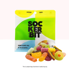 Load image into Gallery viewer, Packaging of Sockerbit Sour Gummy Mix with colorful gummy candies on a white background