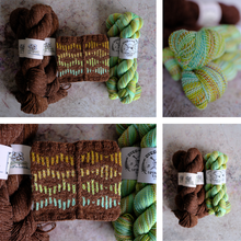 Load image into Gallery viewer, A four-panel collage showing several skeins of yarn from the brand Yucca Springs, each paired with a knitted swatch to demonstrate their color and texture. The yarn colors include solid dark brown, light green and yellow variegled yarn, and a brown and mint green variegled yarn.