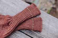 Load image into Gallery viewer, Pair of brown knitted socks on a wooden surface