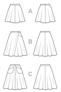 Line drawings of three different styles of skirts labeled A, B, and C on a white background.
