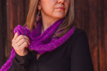 Load image into Gallery viewer, Woman wearing a purple scarf against a wooden background