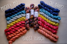 Load image into Gallery viewer, Colorful yarn skeins labeled 'Mighty Mo', 'Oh Dang!', and 'Ghost Ranch' on a wooden surface.