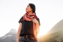 Load image into Gallery viewer, Woman wearing a pink scarf with mountains in the background