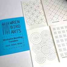 Load image into Gallery viewer, Wren Bird Arts washable mending transfers with patterns on a white background