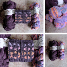 Load image into Gallery viewer, A collage showing several skeins of variegated yarn and a knitted swatch in the same colors. The yarn appears in shades of purple, mauve, pink, orange, and blue, with paper labels visible on some skeins.