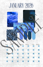 Load image into Gallery viewer, Calendar for January 2026 with abstract blue designs on a light gray background