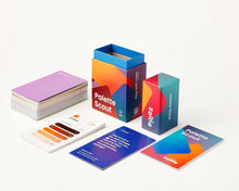 Load image into Gallery viewer, Color swatch cards and packaging with 'Palette Scout' branding on a white background