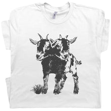 Load image into Gallery viewer, White t-shirt with a black and white graphic of two goats on a white background