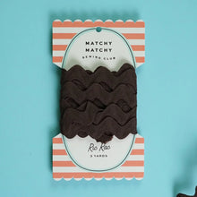 Load image into Gallery viewer, Packaged brown ric rac on a striped card with 'Matchy Matchy Sewing Club' branding on a blue background.