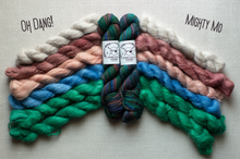 Load image into Gallery viewer, Six braided yarn samples arranged in two curved rows on a light fabric background, with two central multicolored bales and handwritten labels reading 'OH DANG!' and 'MIGHTY MO'. The yarn colors include off-white, dusty pink, light blue, teal, green, and dark green/blue stripes.