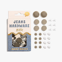 Load image into Gallery viewer, Packaging of jeans hardware by KATM with brass buttons and washers on a white background
