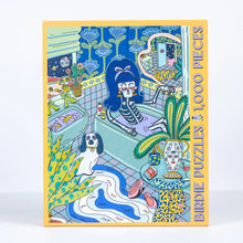 Load image into Gallery viewer, Puzzle box with a colorful illustration of a skeleton, dog, and houseplants on a yellow border.