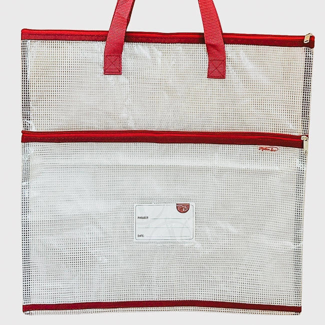 Mesh tote bag with red trim and handles on a light gray background
