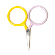 Load image into Gallery viewer, Pair of small scissors with yellow and pink handles on a white background