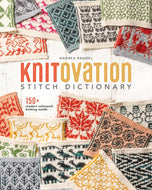 Book cover of 'Knitovation Stitch Dictionary' with various knitted patterns.