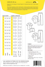 Load image into Gallery viewer, Sewing pattern leaflet with size chart, fabric yardage, and garment images on a white background.