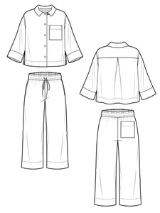 Line drawing of a shirt and pants set from multiple angles on a white background