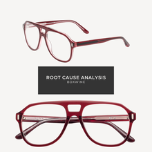 Load image into Gallery viewer, Red eyeglasses with 'Root Cause Analysis Boxwine' text on a white background