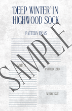 Load image into Gallery viewer, Textured paper with 'Deep Winter' in Highwood Sock pattern ideas and sample text.