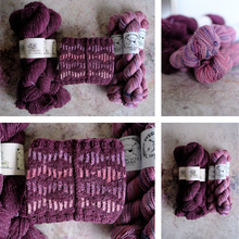 Load image into Gallery viewer, A collage of four photos showing several skeins of yarn and a knitted swatch in heathered purple, mauve, and pink tones. The yarn labels read 'Crazy Dog Yarn' and 'Crazy Dog Yarn Super Fine'.