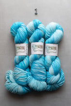 Load image into Gallery viewer, Three hanks of variegated yarn in shades of light blue and white, labeled Great Falls Streamers, arranged on a gray background with a small number 1 above them.
