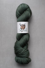 Load image into Gallery viewer, Green skein of yarn with a label on a gray background