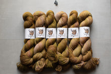 Load image into Gallery viewer, Six skeins of variegated yarn arranged side by side on a light gray surface. The yarn has a mottled colorway of olive green, mustard yellow, and warm tan/brown, with white paper bands wrapped around the center.