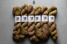 Load image into Gallery viewer, hanks of variegated yarn arranged side by side on a gray background, each wrapped with a white paper label featuring a brown horned animal illustration. The yarn shows a mottled colorway of olive green, mustard yellow, and warm brown.