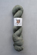 Load image into Gallery viewer, Green skein of yarn with a label on a gray background