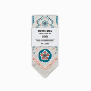 Badwater Basin bandana packaging with decorative design on a white background