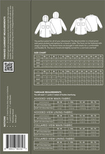 Back cover of a jacket with size chart, yardage requirements, and measurements on a green background.