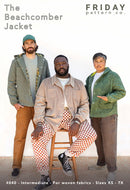 Three people wearing 'The Beachcomber Jacket' from Friday Pattern Co. with text about jacket details.