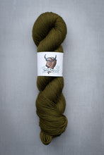 Load image into Gallery viewer, Olive green skein of yarn with a label on a gray background