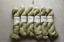 Load image into Gallery viewer, Six skeins of green yarn with labels on a gray background