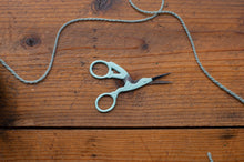 Load image into Gallery viewer, A pair of small scissors with pale mint green handles and silver metal blades, resting on a rustic brown wooden surface with a piece of gray string nearby.