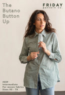 Woman wearing a green striped shirt with text about 'The Butano Button Up' pattern from Friday Pattern Co.