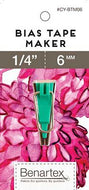 Bias tape maker with pink floral background and Benartex branding