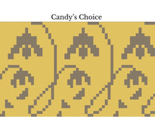 Load image into Gallery viewer, A flat graphic with the text 'Candy's Choice' above a mustard yellow field filled with a repeating pixelated gray candy cane pattern.