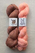 Load image into Gallery viewer, Two skeins of yarn laid flat on a neutral textured background. The left skein is a warm medium brown, and the right skein is a soft peachy pink.