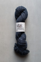 Load image into Gallery viewer, Blue skein of yarn with a label on a gray background