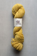 Load image into Gallery viewer, Mustard yellow skein of yarn with a label on a gray background