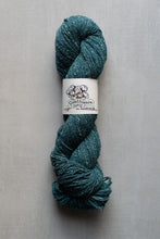 Load image into Gallery viewer, Teal skein of yarn with a label on a gray background