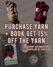 Load image into Gallery viewer, Promotional graphic for yarn and book bundle discount. Two skeins of yarn are shown at the top, one tan/brown and one dark red, with text reading 'PURCHASE YARN + BOOK GET 15% OFF THE YARN' and a book cover for Stephen Graham Jones's Buffalo Hunter at the bottom left.