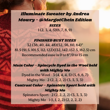 Load image into Gallery viewer, Person wearing a red sweater with text overlay about &#39;Illuminate Sweater by Andrea Mowry&#39; details.