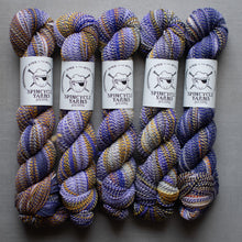 Load image into Gallery viewer, Five skeins of multicolored yarn with Spincycle Yarns labels on a gray background