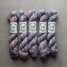 Load image into Gallery viewer, Five skeins of multicolored yarn with labels on a gray background