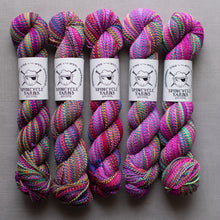 Load image into Gallery viewer, Five skeins of colorful yarn with Spincycle Yarns labels on a gray background