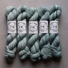 Load image into Gallery viewer, Five skeins of green yarn with Spincycle Yarns labels on a gray background